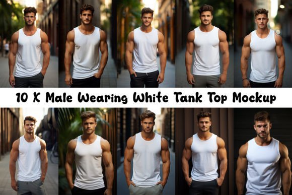 10 X Male Wearing White Tank Top Mockup Graphics and Tank Tops