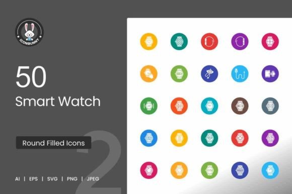 50 Smart Watch Flat Round Icons for Graphics and Crafts