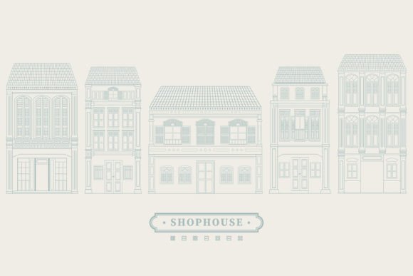 Flat Shophouse Facade Line Drawing Set for Graphics and Illustrations